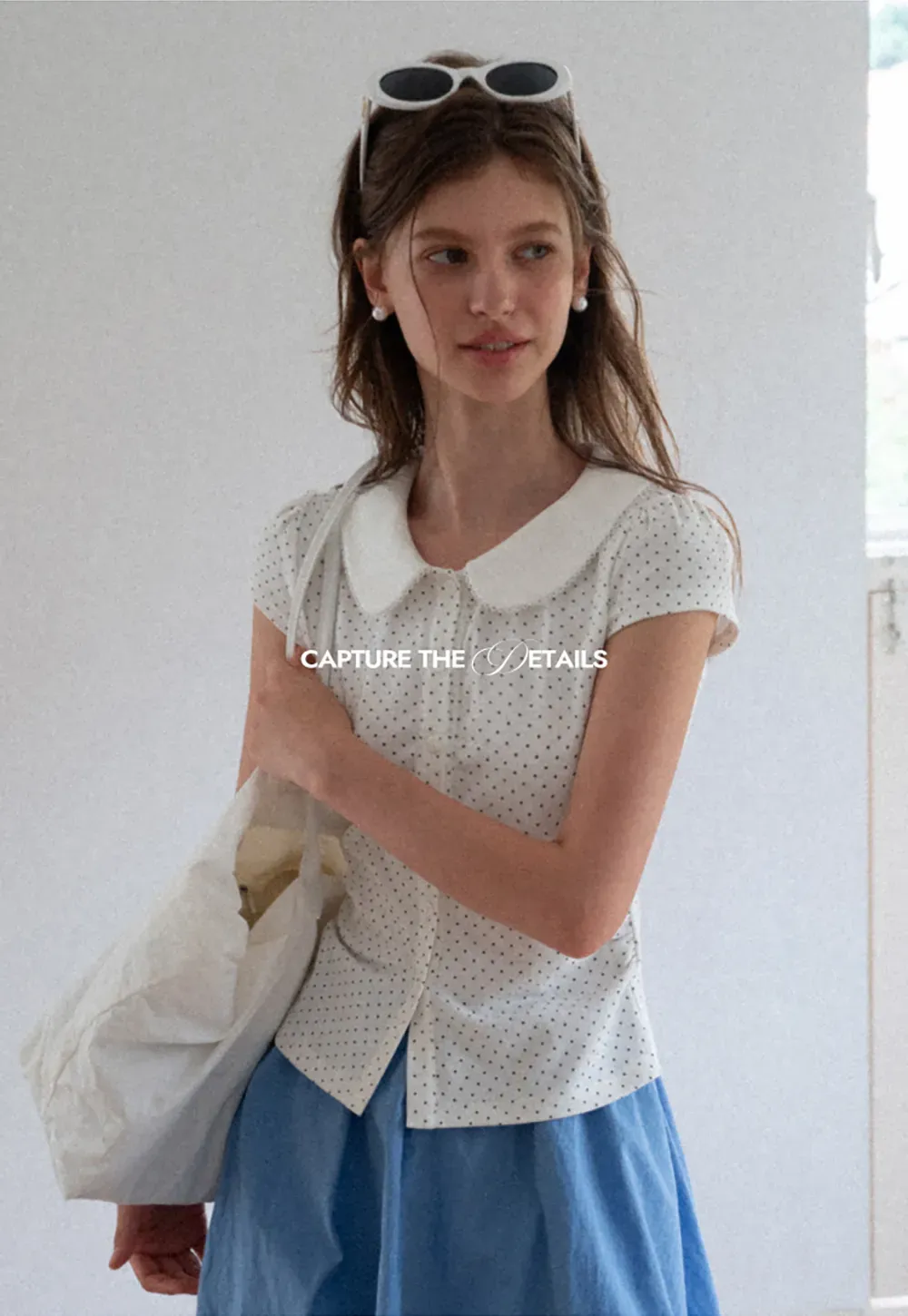 Polka Dot Print Peter Pan Collar Button Front Tshirt