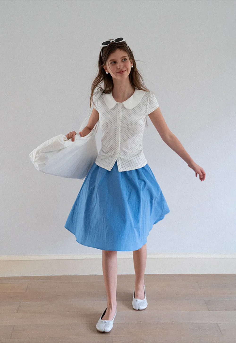 Polka Dot Print Peter Pan Collar Button Front Tshirt