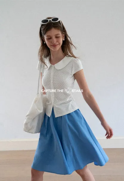 Polka Dot Print Peter Pan Collar Button Front Tshirt