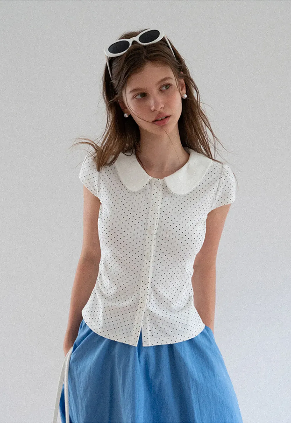 Polka Dot Print Peter Pan Collar Button Front Tshirt
