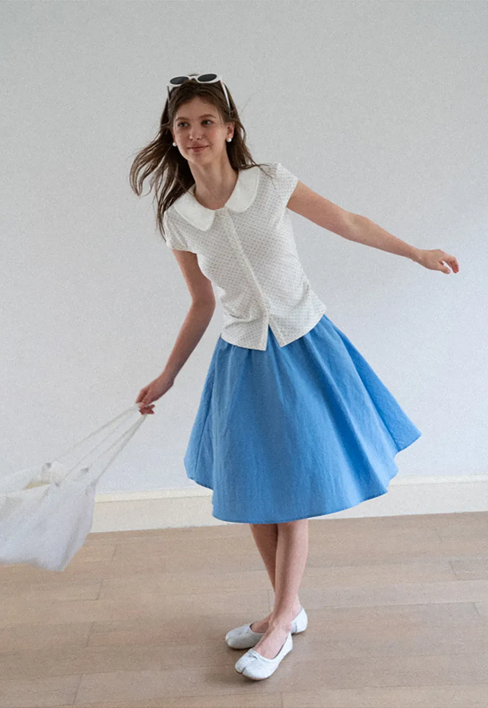 Polka Dot Print Peter Pan Collar Button Front Tshirt