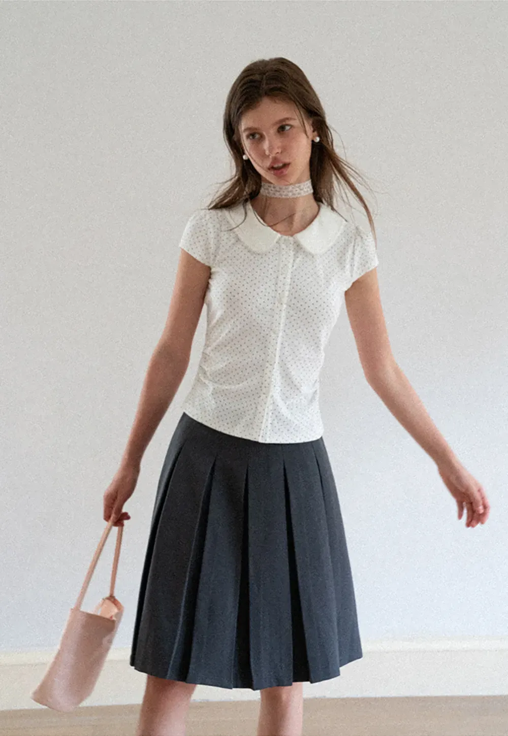 Polka Dot Print Peter Pan Collar Button Front Tshirt