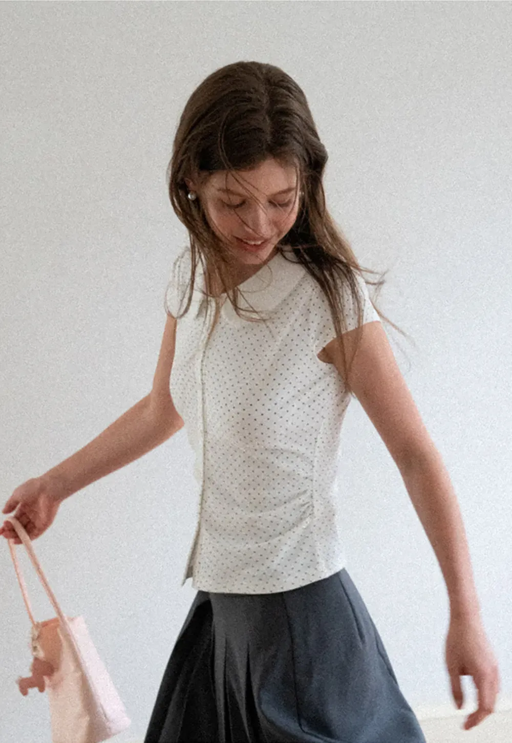 Polka Dot Print Peter Pan Collar Button Front Tshirt