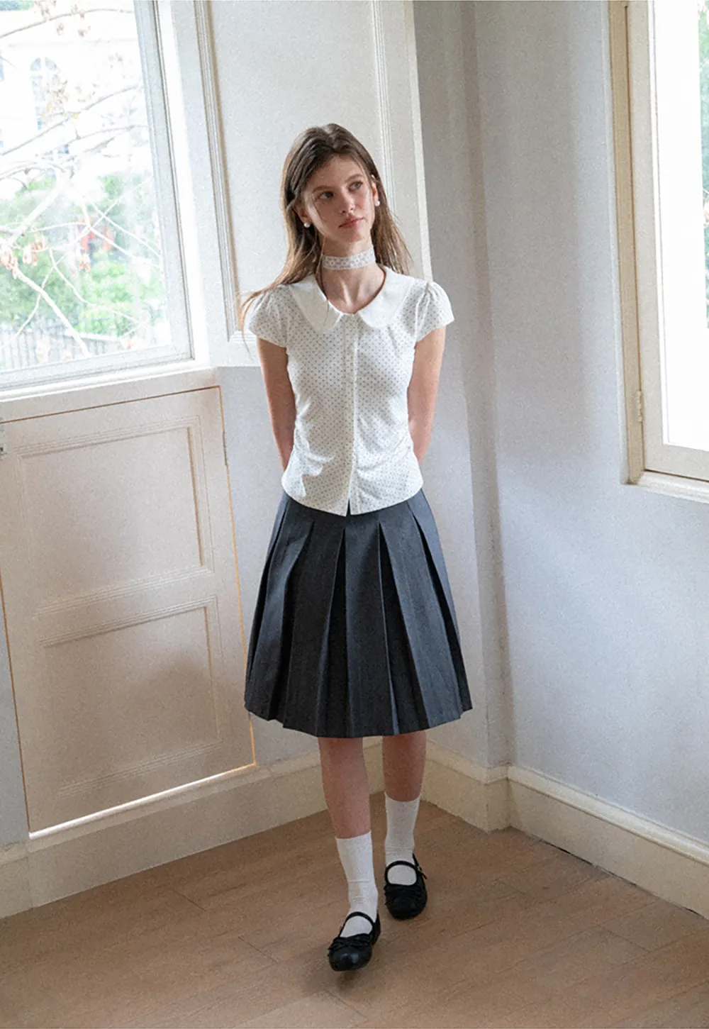 Polka Dot Print Peter Pan Collar Button Front Tshirt
