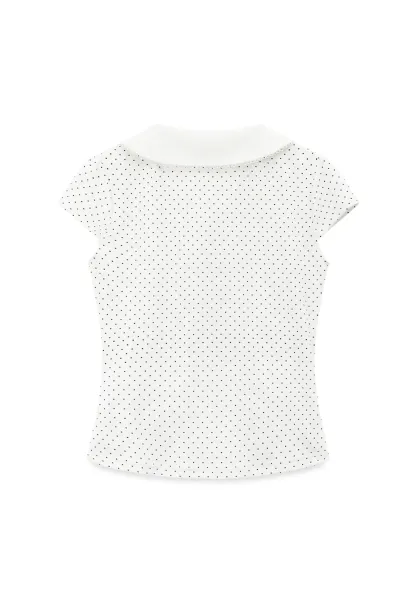 Polka Dot Print Peter Pan Collar Button Front Tshirt