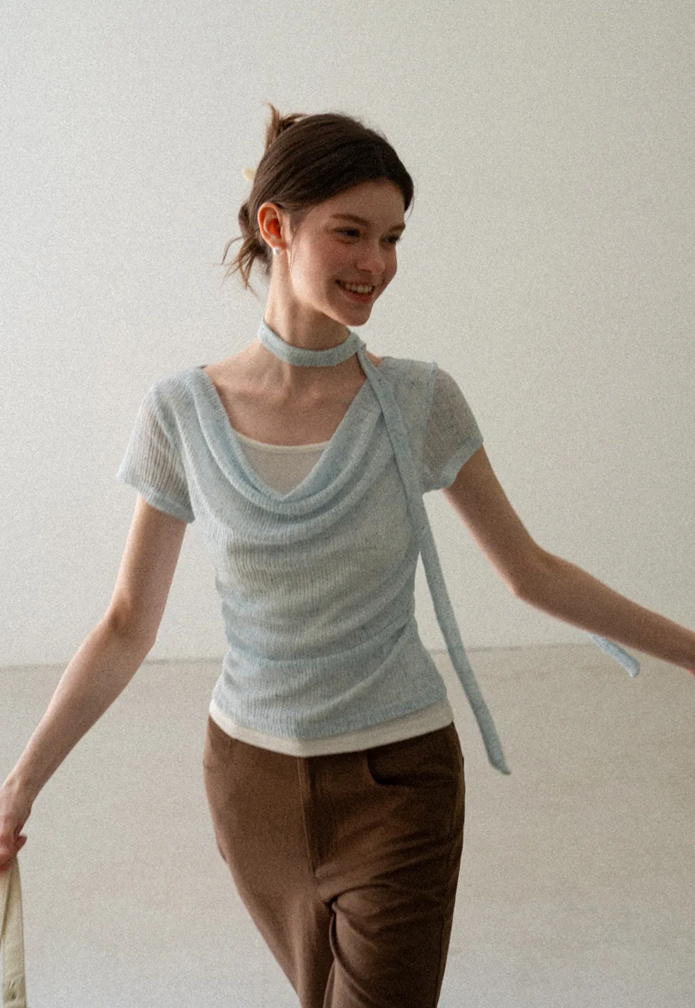 Ribbed Knit Draped Neckline Short Sleeve Top