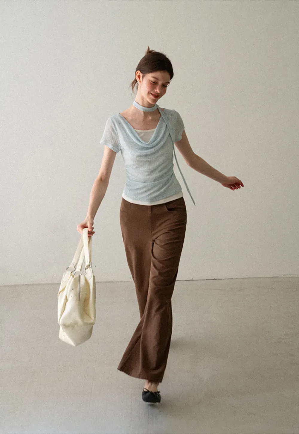 Ribbed Knit Draped Neckline Short Sleeve Top