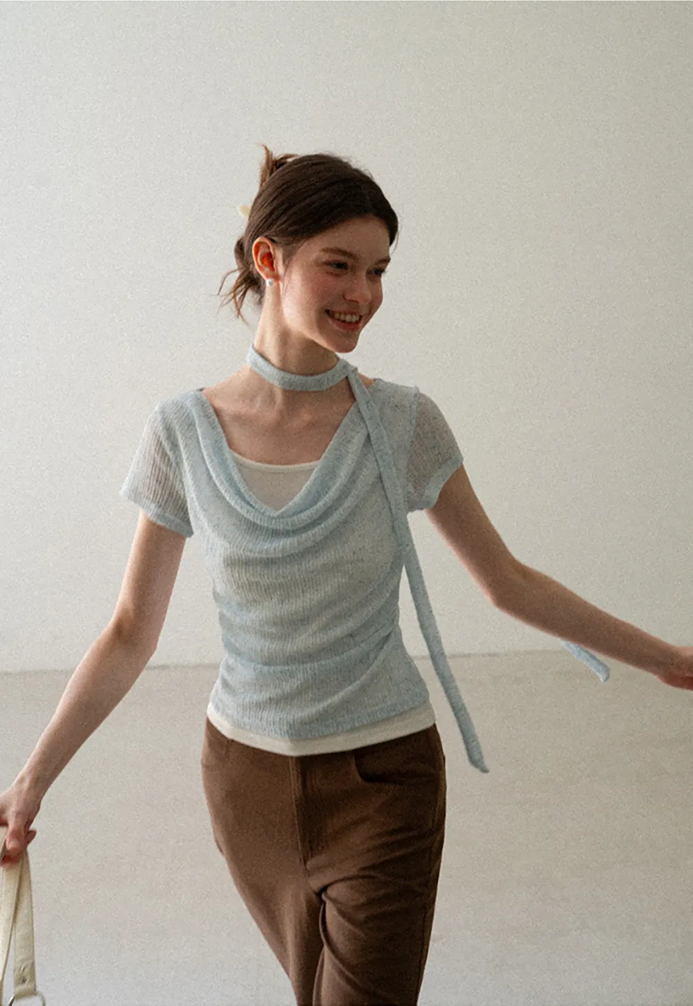 Ribbed Knit Draped Neckline Short Sleeve Top