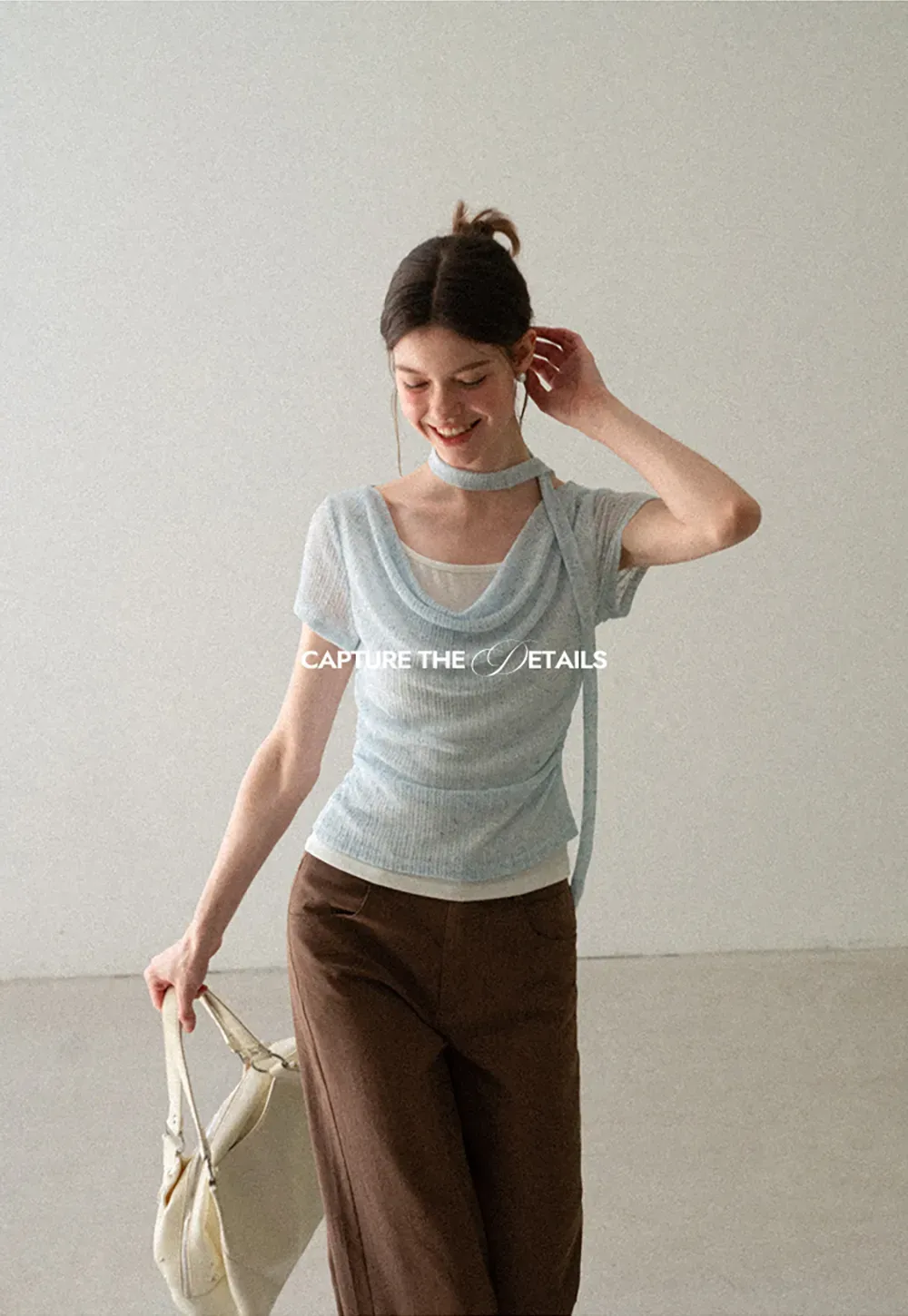 Ribbed Knit Draped Neckline Short Sleeve Top