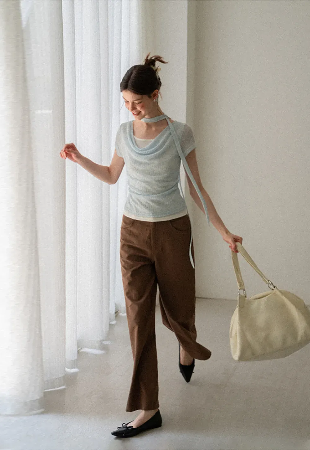 Ribbed Knit Draped Neckline Short Sleeve Top