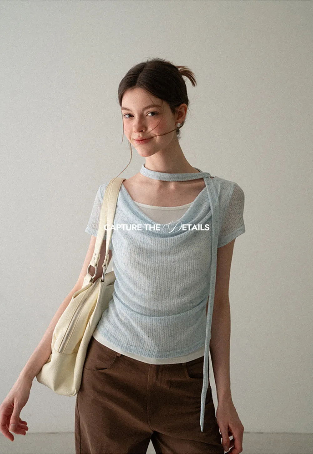 Ribbed Knit Draped Neckline Short Sleeve Top