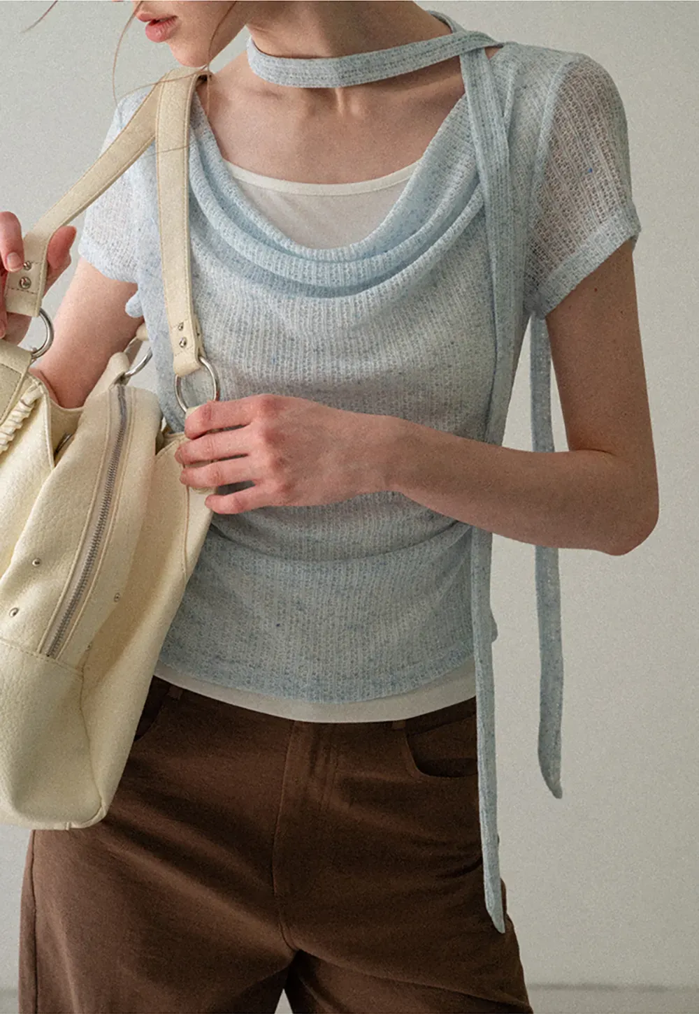 Ribbed Knit Draped Neckline Short Sleeve Top