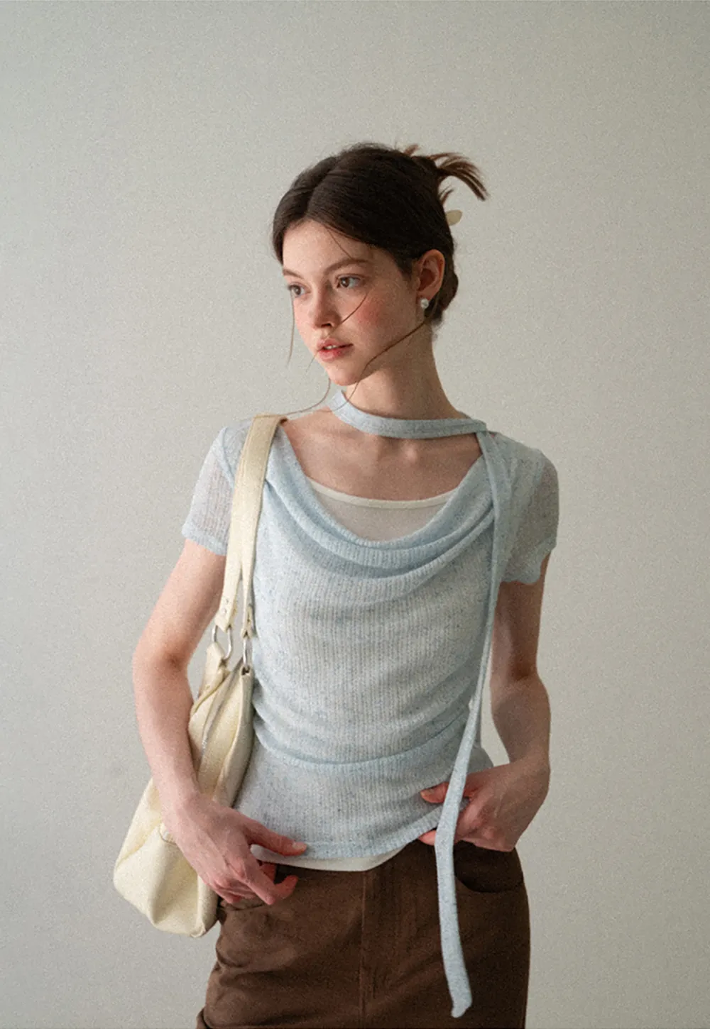 Ribbed Knit Draped Neckline Short Sleeve Top