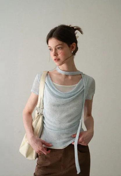 Ribbed Knit Draped Neckline Short Sleeve Top