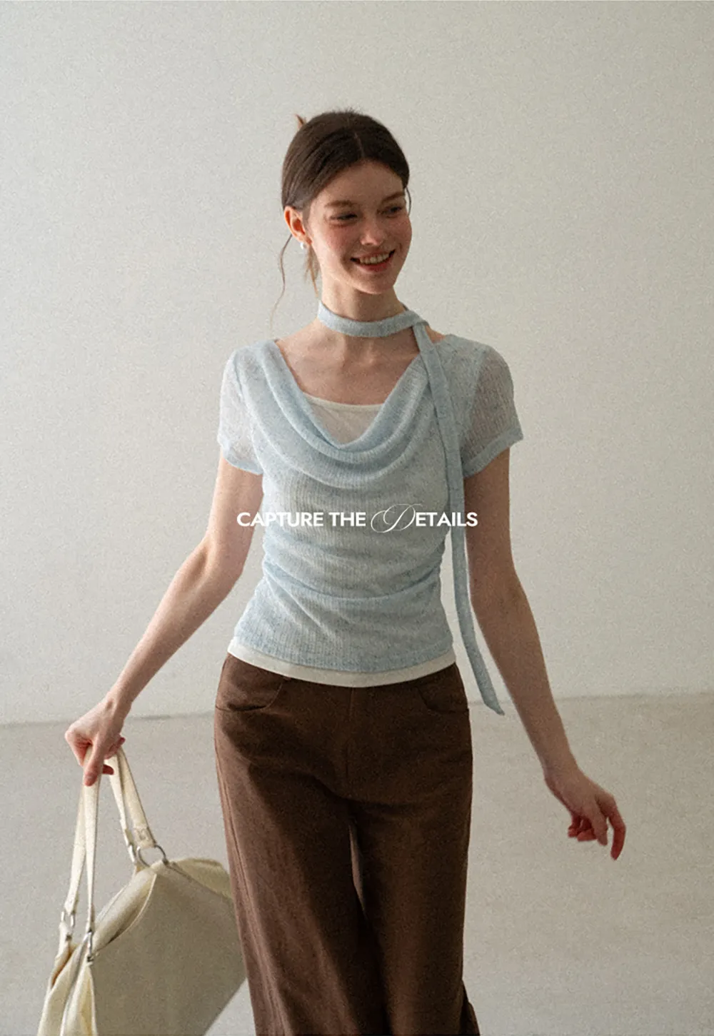 Ribbed Knit Draped Neckline Short Sleeve Top