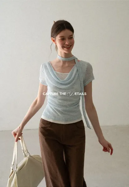 Ribbed Knit Draped Neckline Short Sleeve Top