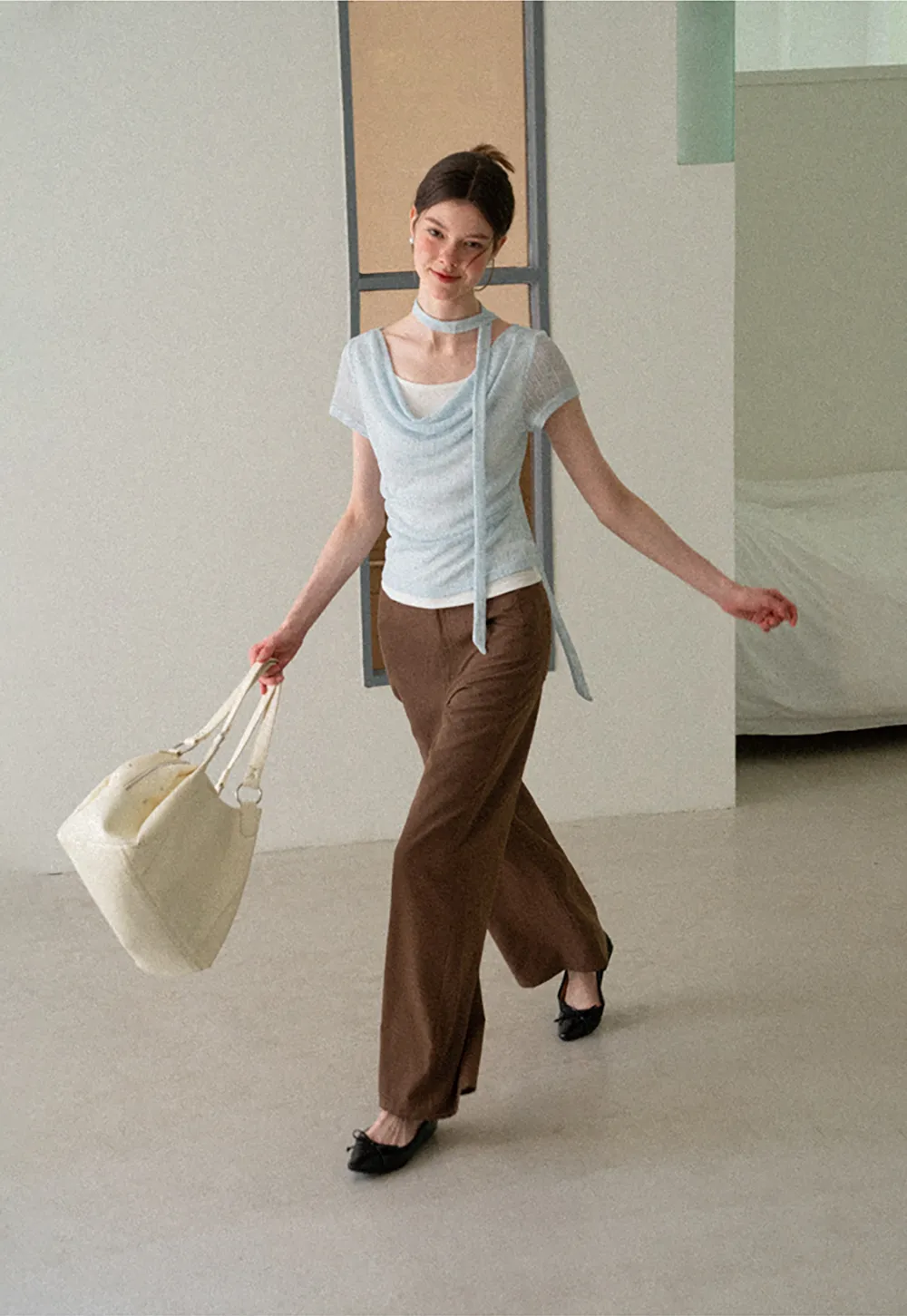Ribbed Knit Draped Neckline Short Sleeve Top