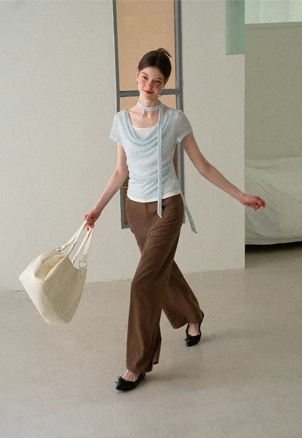 Ribbed Knit Draped Neckline Short Sleeve Top