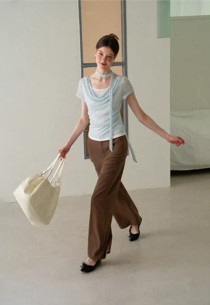 Ribbed Knit Draped Neckline Short Sleeve Top