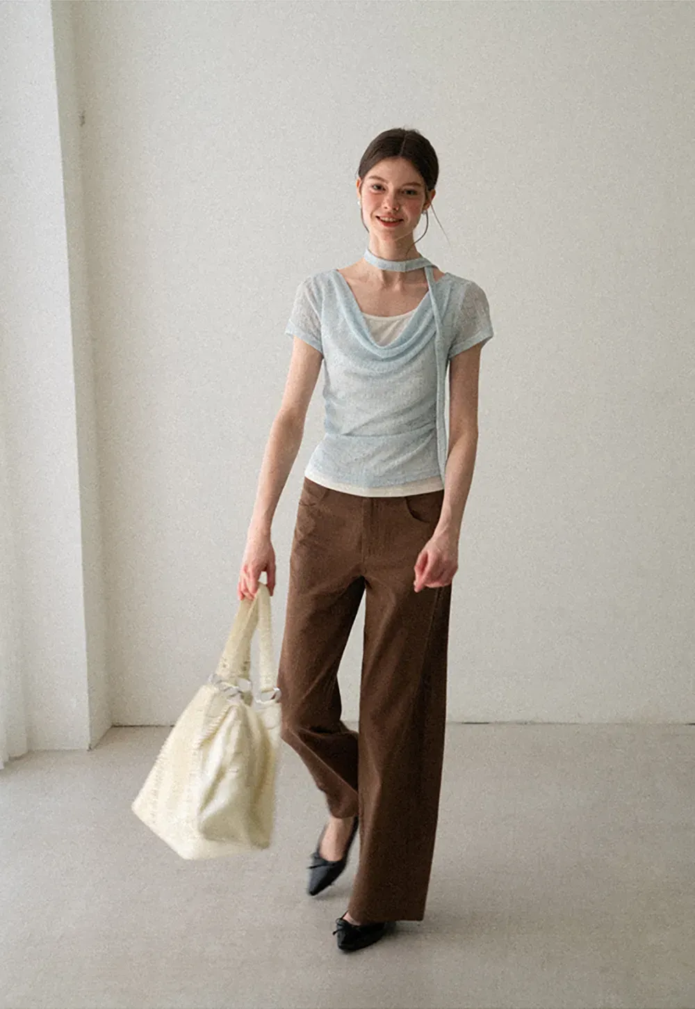 Ribbed Knit Draped Neckline Short Sleeve Top
