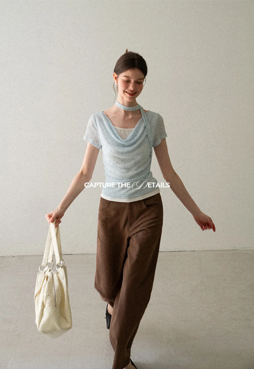 Ribbed Knit Draped Neckline Short Sleeve Top