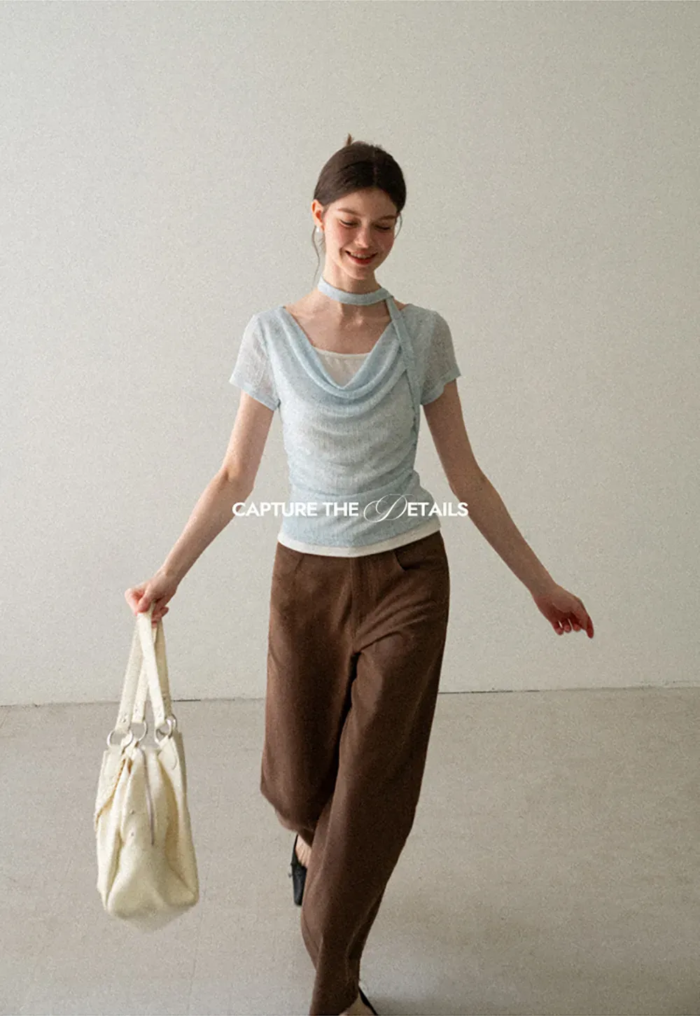 Ribbed Knit Draped Neckline Short Sleeve Top