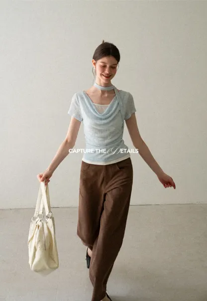 Ribbed Knit Draped Neckline Short Sleeve Top