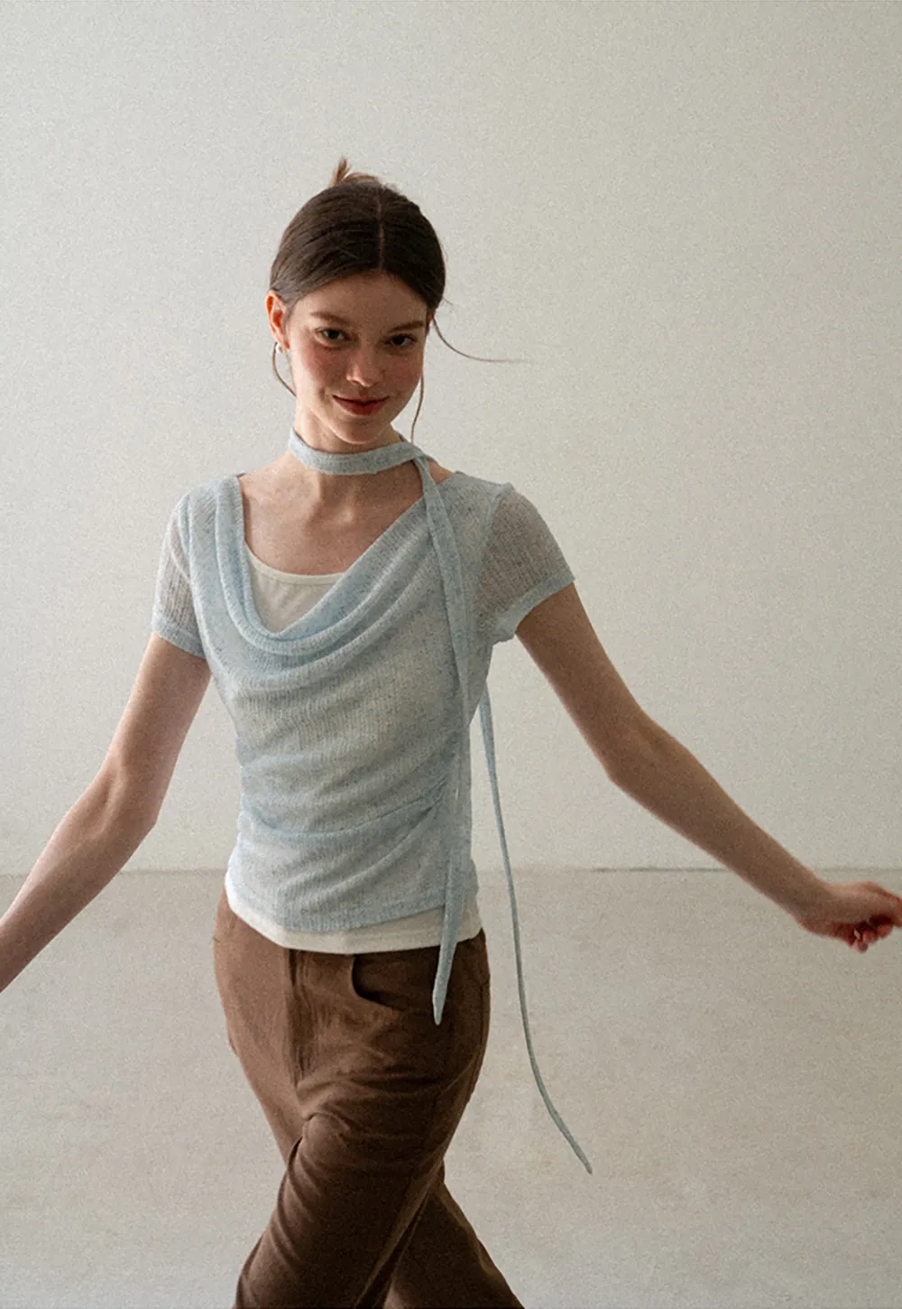 Ribbed Knit Draped Neckline Short Sleeve Top