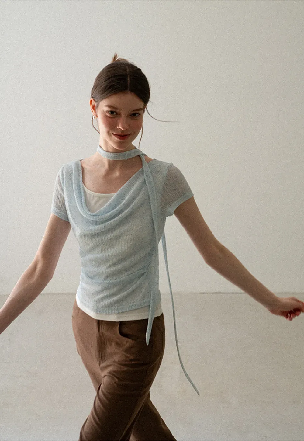 Ribbed Knit Draped Neckline Short Sleeve Top