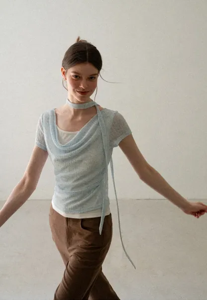 Ribbed Knit Draped Neckline Short Sleeve Top