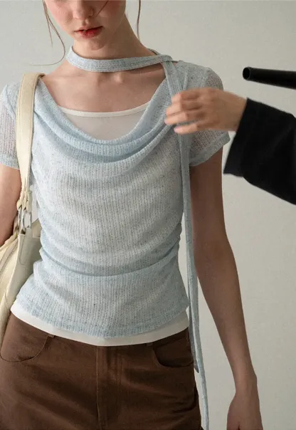 Ribbed Knit Draped Neckline Short Sleeve Top