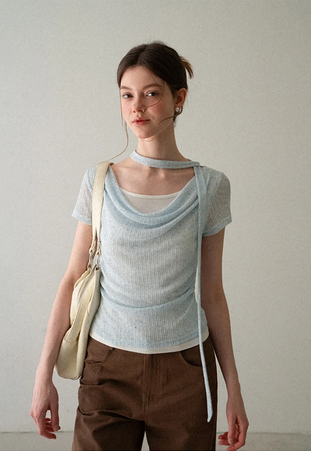 Ribbed Knit Draped Neckline Short Sleeve Top