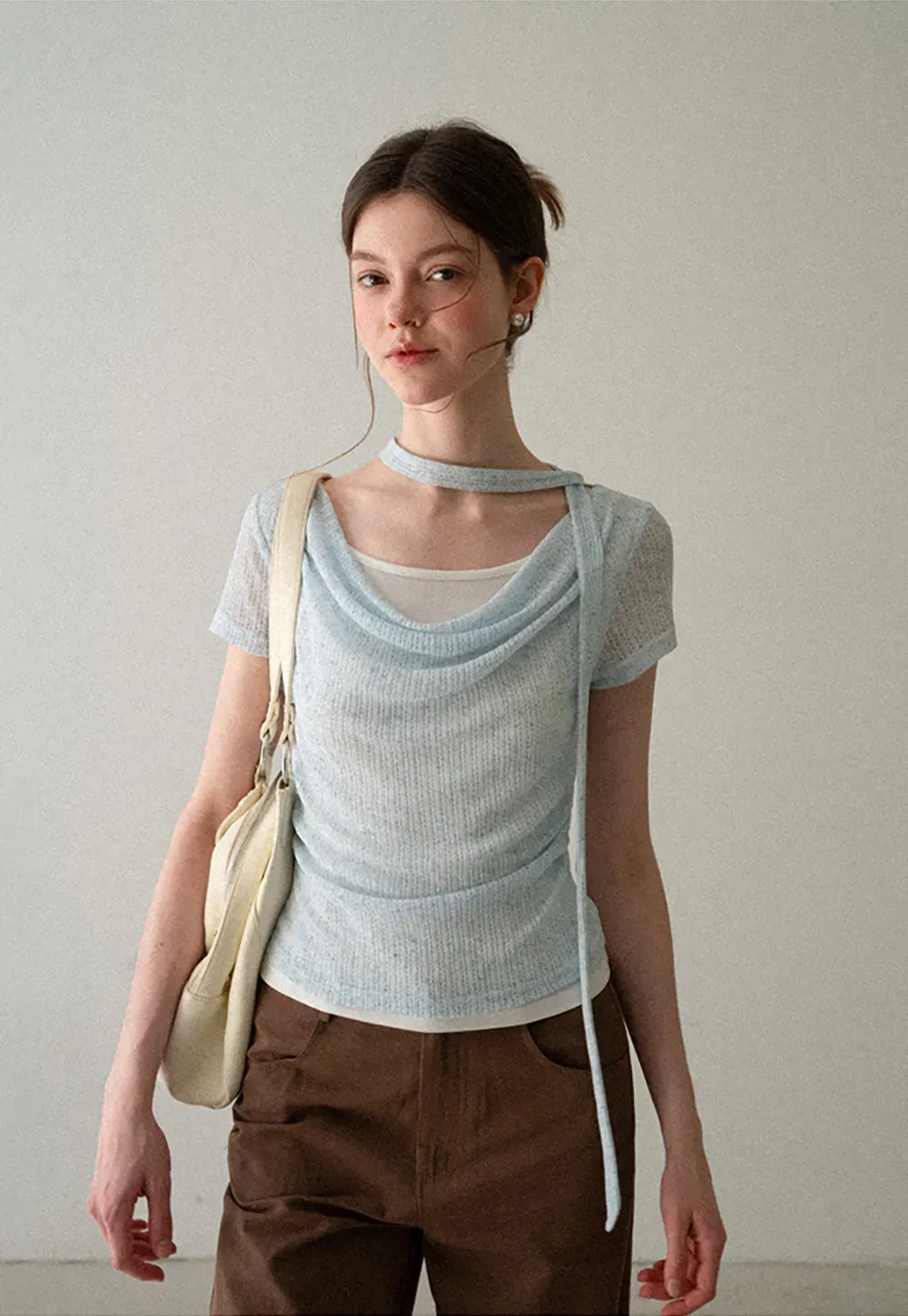 Ribbed Knit Draped Neckline Short Sleeve Top