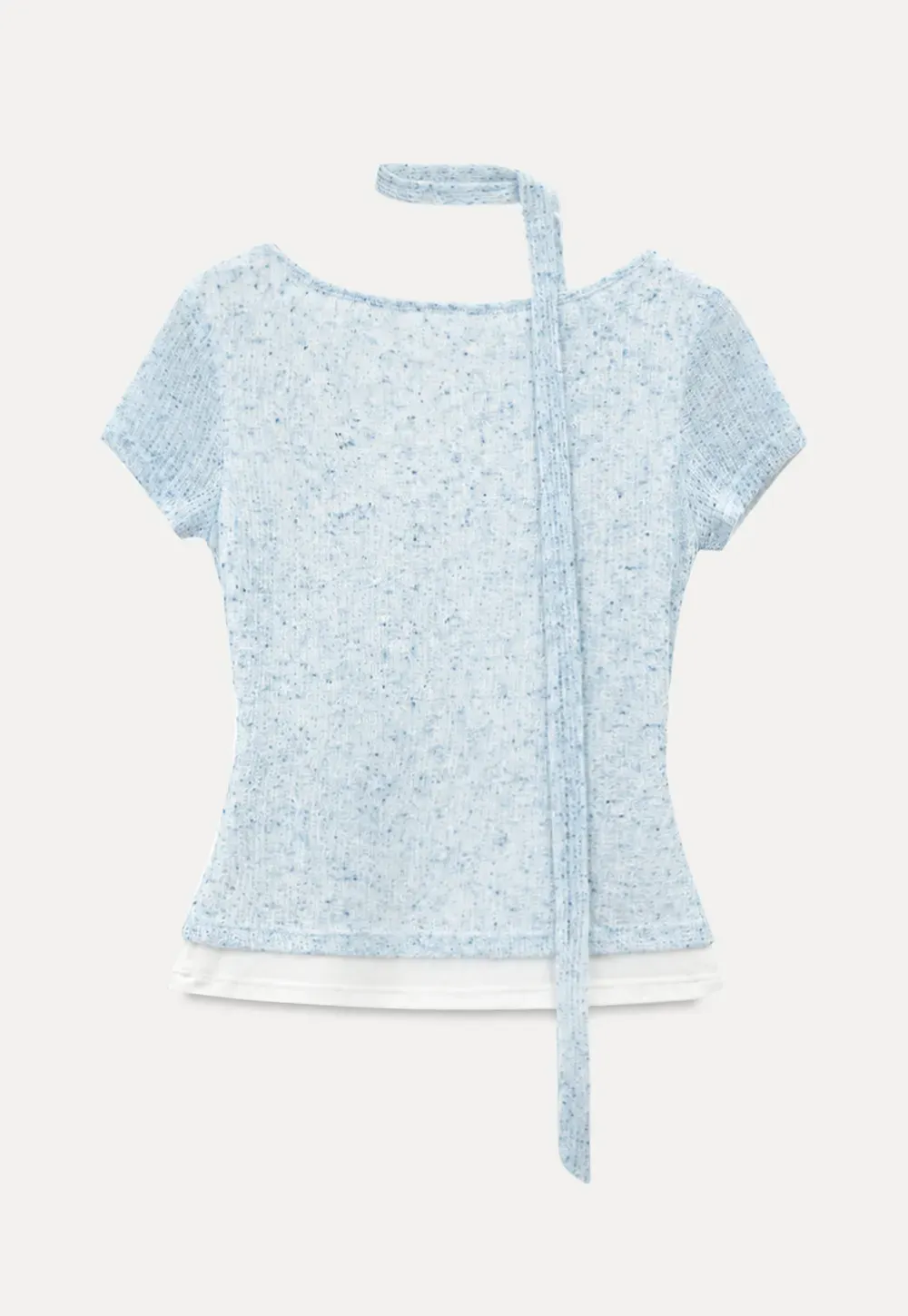 Ribbed Knit Draped Neckline Short Sleeve Top