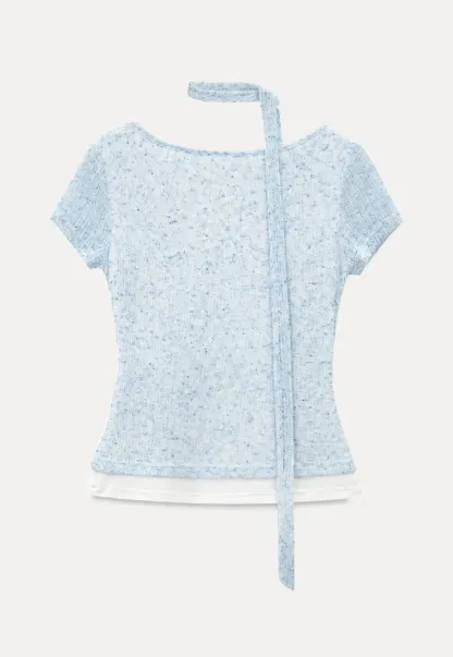 Ribbed Knit Draped Neckline Short Sleeve Top