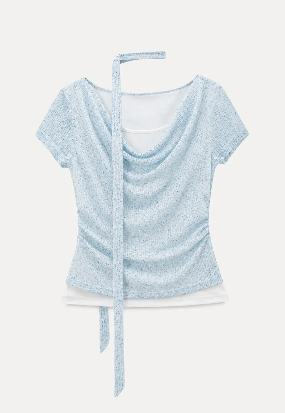 Ribbed Knit Draped Neckline Short Sleeve Top