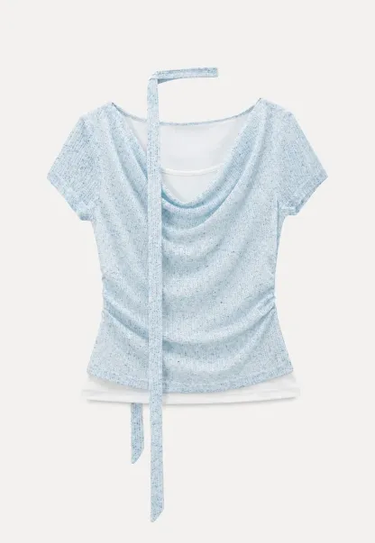 Ribbed Knit Draped Neckline Short Sleeve Top