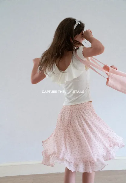 Ruffled Cap Sleeve Square Neck Draped Top