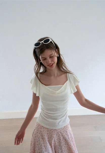Ruffled Cap Sleeve Square Neck Draped Top