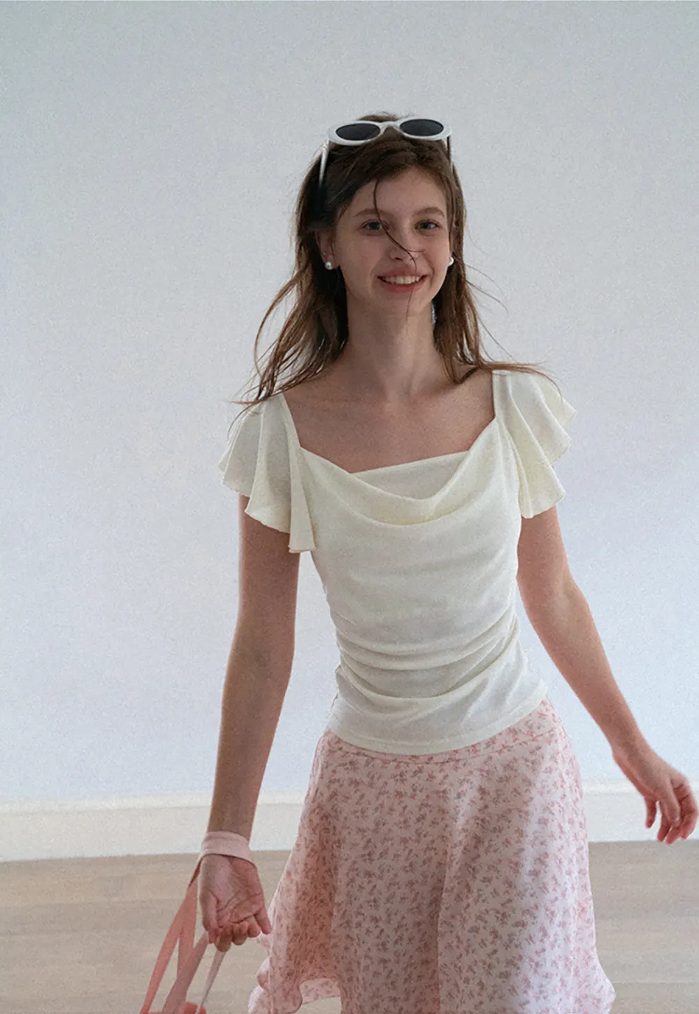 Ruffled Cap Sleeve Square Neck Draped Top