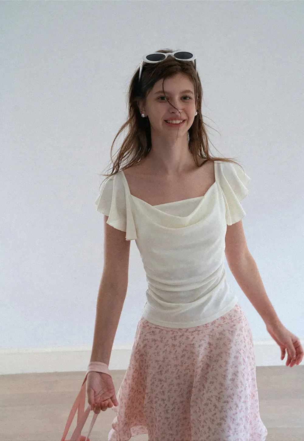 Ruffled Cap Sleeve Square Neck Draped Top