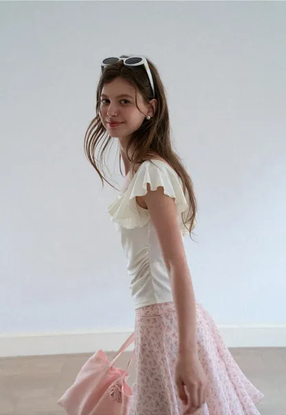 Ruffled Cap Sleeve Square Neck Draped Top
