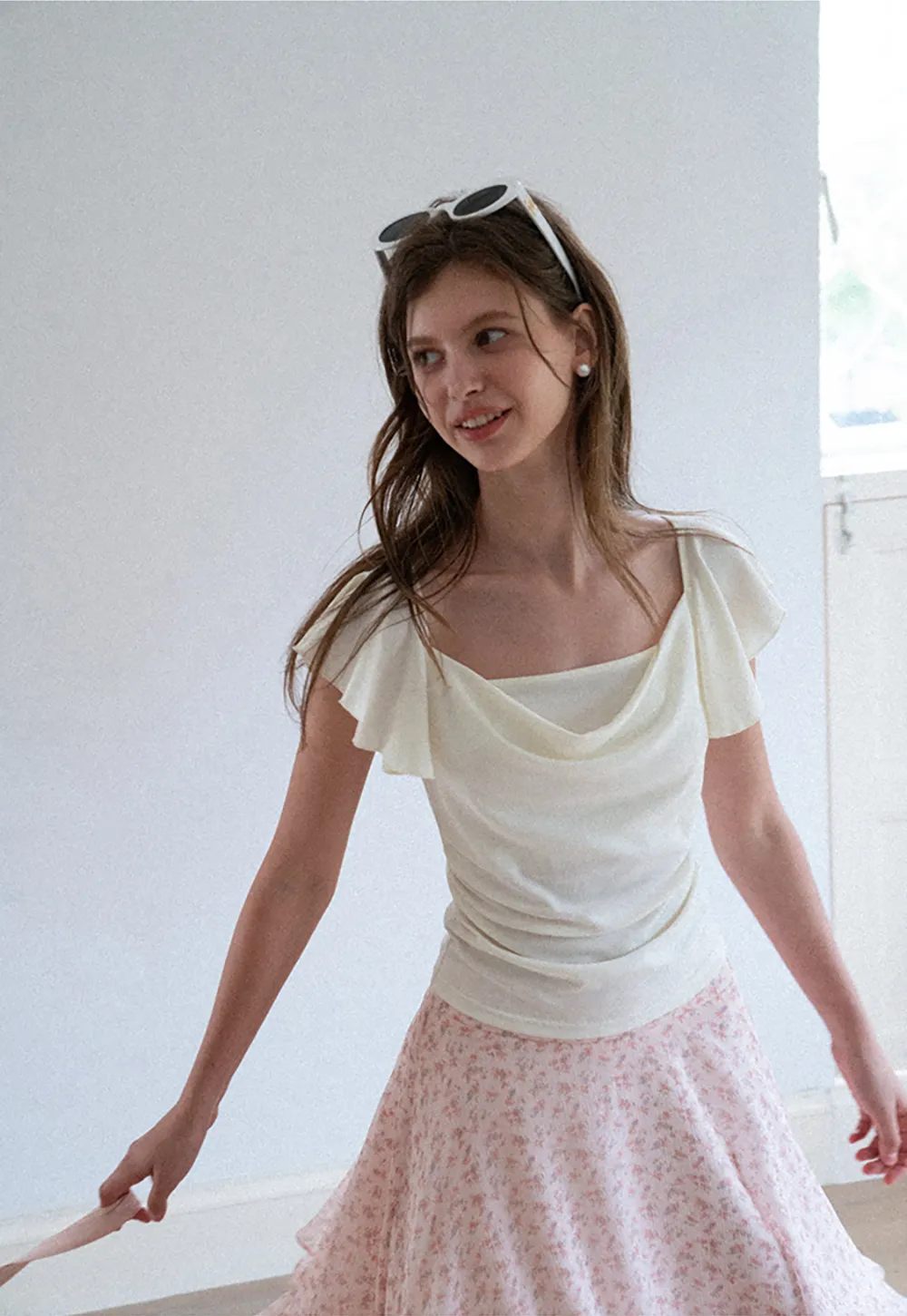 Ruffled Cap Sleeve Square Neck Draped Top