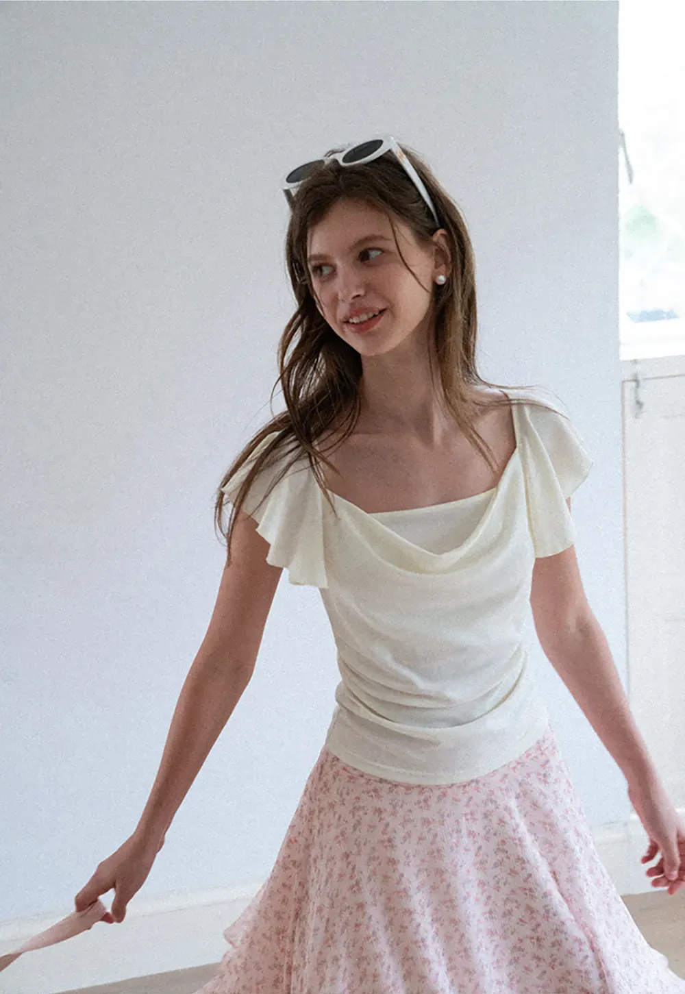 Ruffled Cap Sleeve Square Neck Draped Top