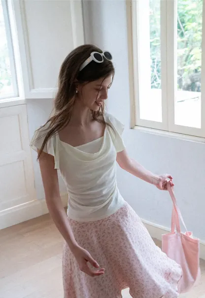 Ruffled Cap Sleeve Square Neck Draped Top