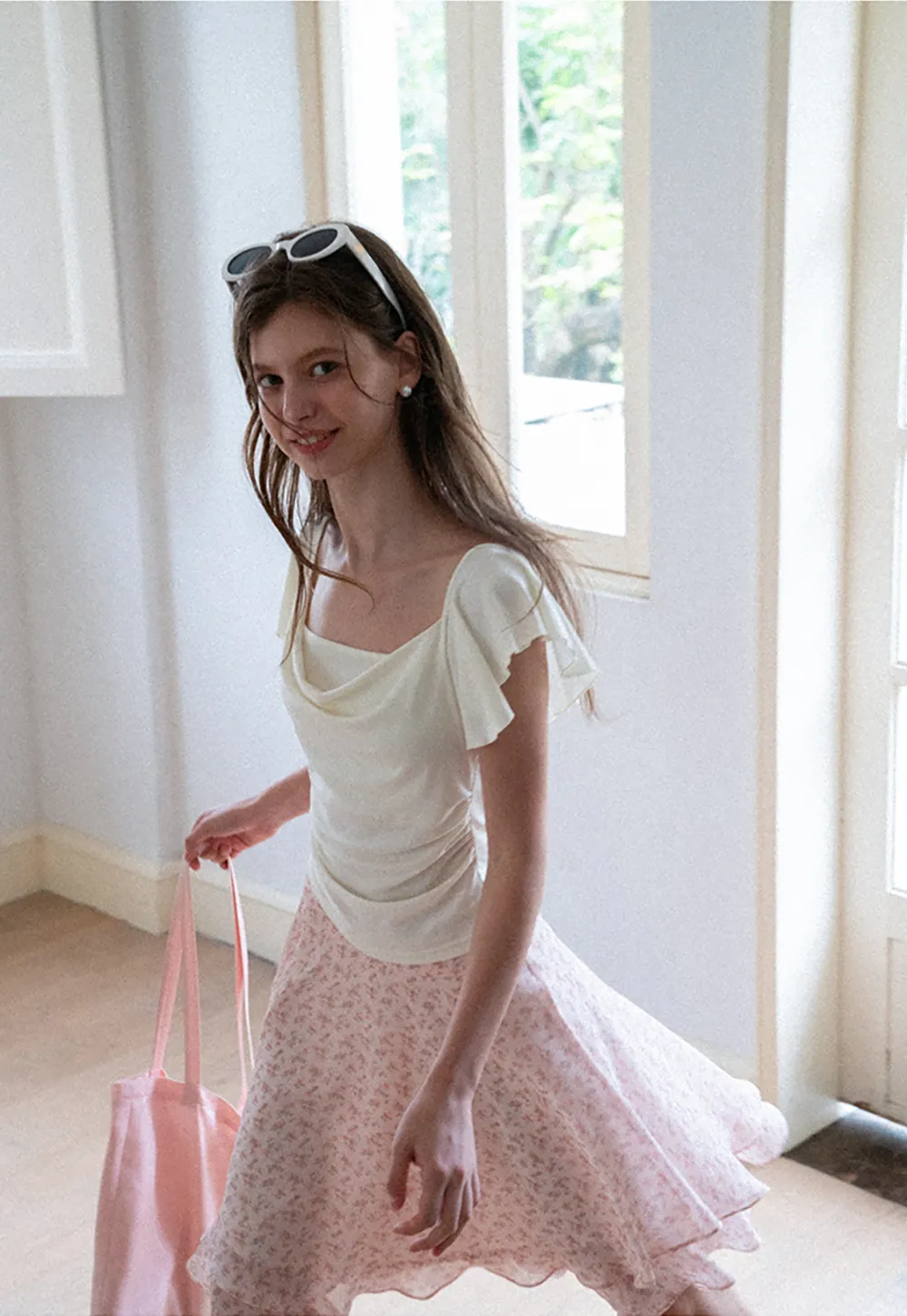 Ruffled Cap Sleeve Square Neck Draped Top