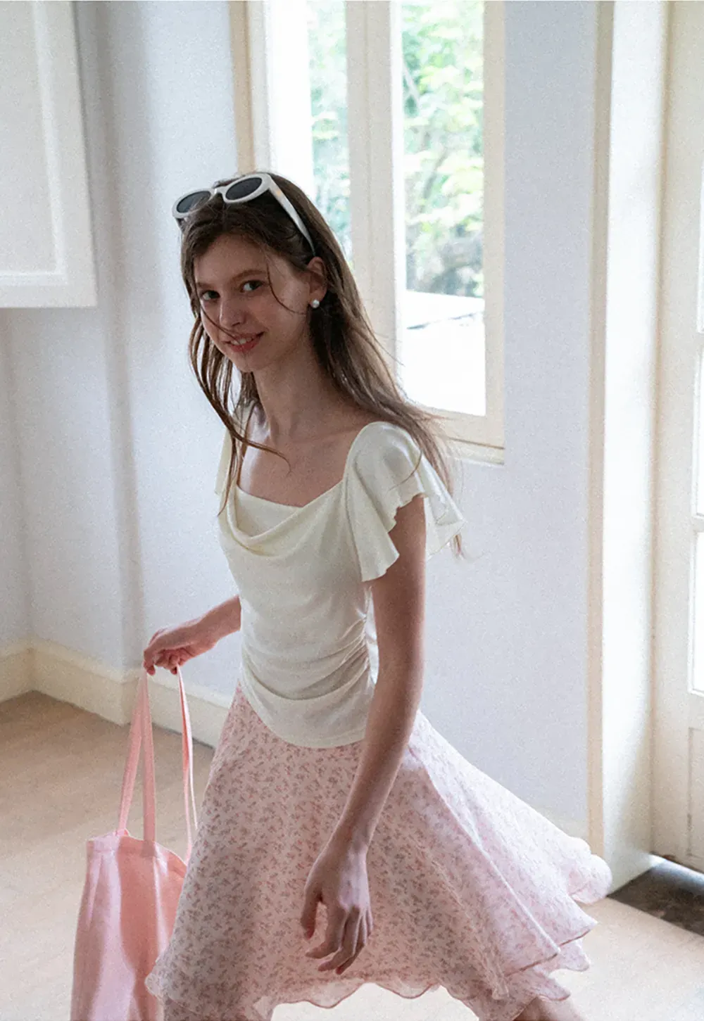 Ruffled Cap Sleeve Square Neck Draped Top