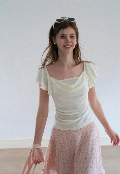 Ruffled Cap Sleeve Square Neck Draped Top