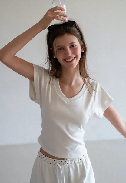 Side Ruched V Neck Short Sleeve T Shirt