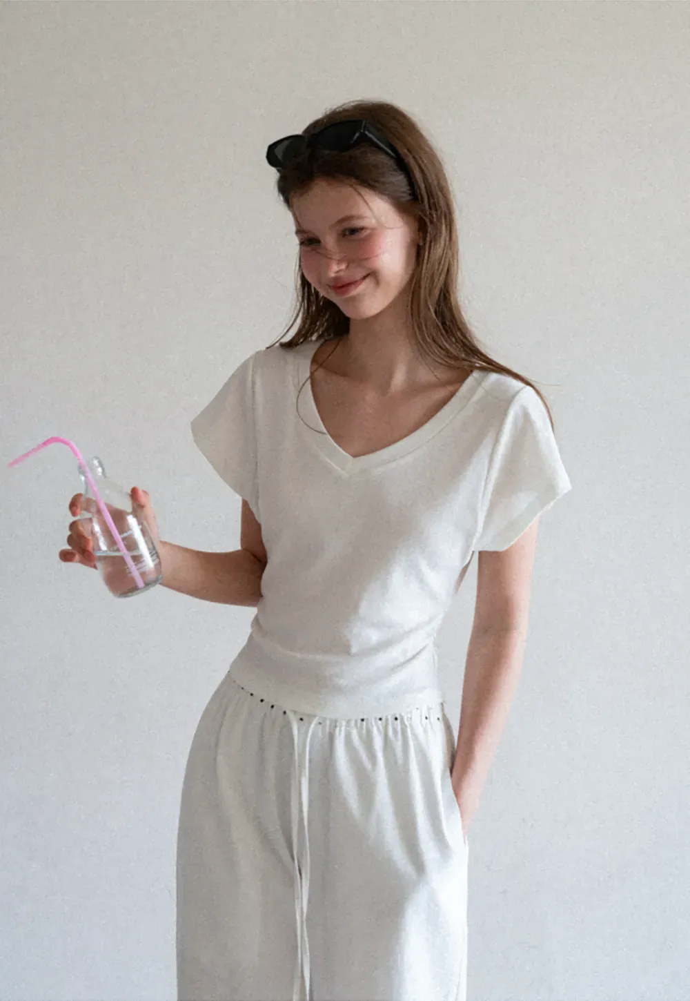Side Ruched V Neck Short Sleeve T Shirt